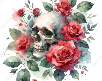 Aquarelle tête de mort et roses PNG Clipart - Design bohème, gothique et fantaisiste pour sublimation, autocollants, téléchargement numérique, impression florale