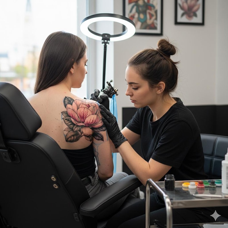 May include: A tattoo artist in a black shirt and gloves is applying a floral tattoo to a person's shoulder. The tattoo is a large pink and red flower with green leaves. A ring light illuminates the scene.