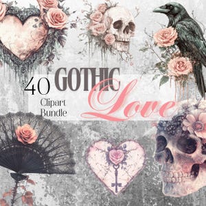 Gothic Love Clipart Bundle, Transparent PNG Skulls, Roses, Gothic Valentines, Digital Download, Soft Pastel colors, Romantic Horror Clipart