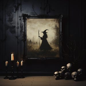 Shadow of a Witch — Dark Silhouette Painting for Spooky Decor, Halloween witch wall art, moody witch illustration, creepy witch painting