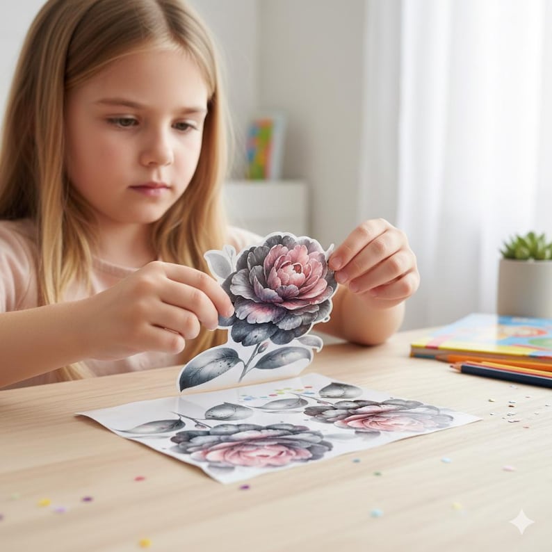 May include: A young person is holding a paper flower cut-out with a pink and gray floral design. The cut-out is part of a larger sheet of paper with additional flower designs. The scene is set on a light-colored wooden surface.
