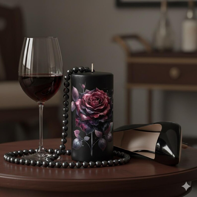 May include: A black pillar candle with a large, detailed rose design in shades of red and purple. A strand of black beads and a glass of red wine are next to the candle. A pair of black high heels is also in the image.