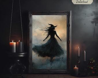 Moody Witch Silhouette Printable Wall Art – Gothic Halloween Decor, Flowing Gown, Elegant Creepy Aesthetic, Dark Witchy Download