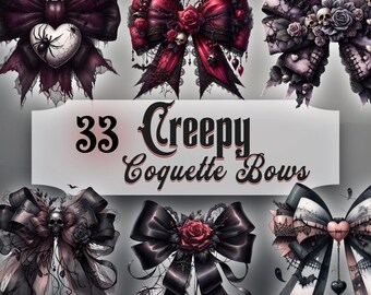Paquete de imágenes prediseñadas de lazos espeluznantes y coquetos: imágenes prediseñadas de Halloween, florales, lazos góticos rosas PNG, PNG gótico femenino para pegatinas, diarios y manualidades.