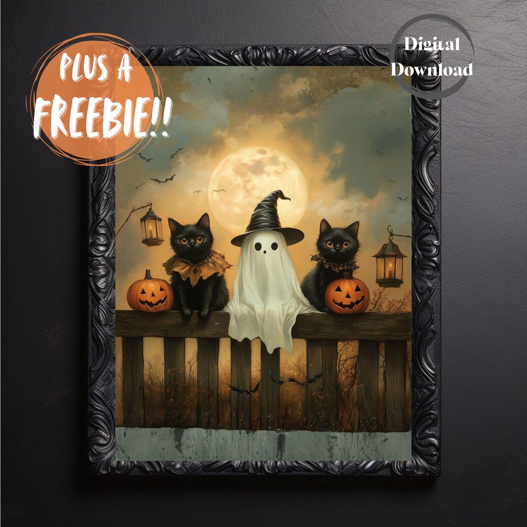 Ghost and Black Cats Wall Art | Vintage Halloween Print | Spooky Autumn ...
