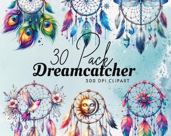 30 akvarell drömfångare clipart – vackra bohemiska tribaldesigner, säsongsbetonade element, blommor, älvor, för scrapbooking, digitala projekt