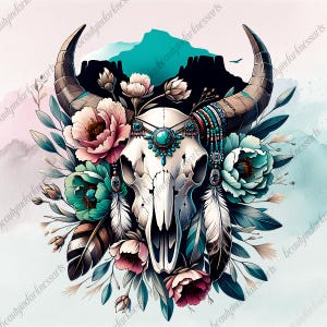 May include: A white animal skull with turquoise and brown accents, surrounded by pink and teal flowers and feathers. The skull is adorned with turquoise beads and feathers.