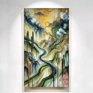 Puede incluir: Pintura abstracta de acuarela con un río que fluye, nubes verdes y azules y acentos dorados. La pintura tiene un aspecto texturizado, en capas y una sensación tranquila y serena.