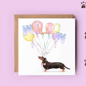 Carte d'anniversaire teckel personnalisée pour les amoureux des chiens - Joli chapeau de fête et ballon pour enfants et adultes