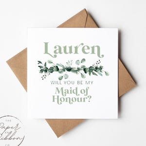 Personalised Bridesmaid Proposal Card – Sage Green Design – Custom Name & Role for Maid of Honour, Flower Girl and More