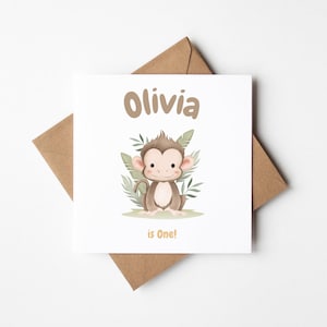 Carte d'anniversaire personnalisée | Carte d'anniversaire du singe un | Une carte d'anniversaire | carte d'anniversaire Safari | 1er anniversaire | Une fête sauvage