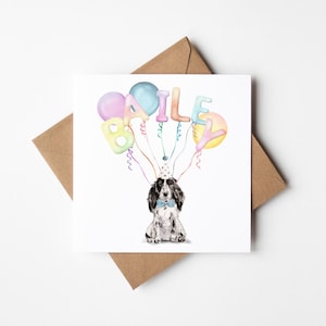 Carte d'anniversaire personnalisée Cocker spaniel pour les amoureux des chiens - Joli chapeau de fête et ballon pour enfants et adultes