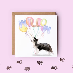 Carte d'anniversaire personnalisée border collie pour les amoureux des chiens - joli chapeau de fête et ballon pour enfants et adultes