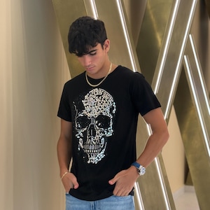 Chemise tête de mort en strass faite main | T-shirt bling bling 100 % coton péruvien