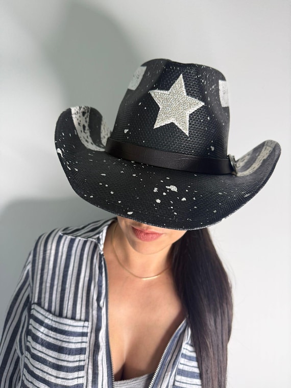 rhinestone Black and White Cowboy Hat Black Cowboy Hat With Rhinestone Fringe,black Cowboy Hat  main image 4