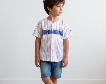 Dominican Republic Kids Baseball Jersey | Youth Coat of Arms Pinstripe Shirt