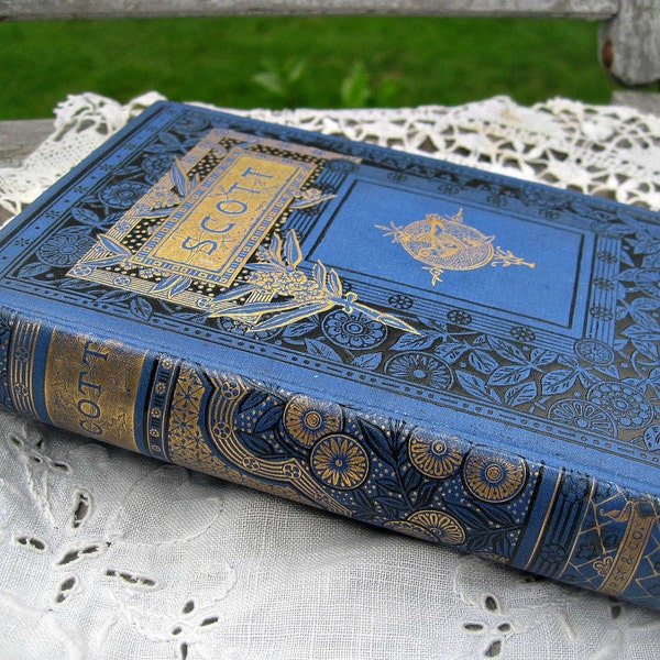 Antique poetry book, Sir Walter Scott, lavishly ornate covers, illustrated