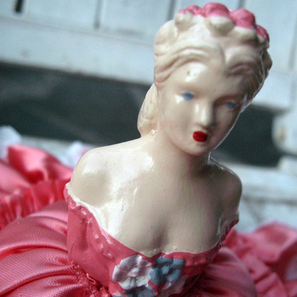 Antique vintage chalkware half doll pincushion, mint condition