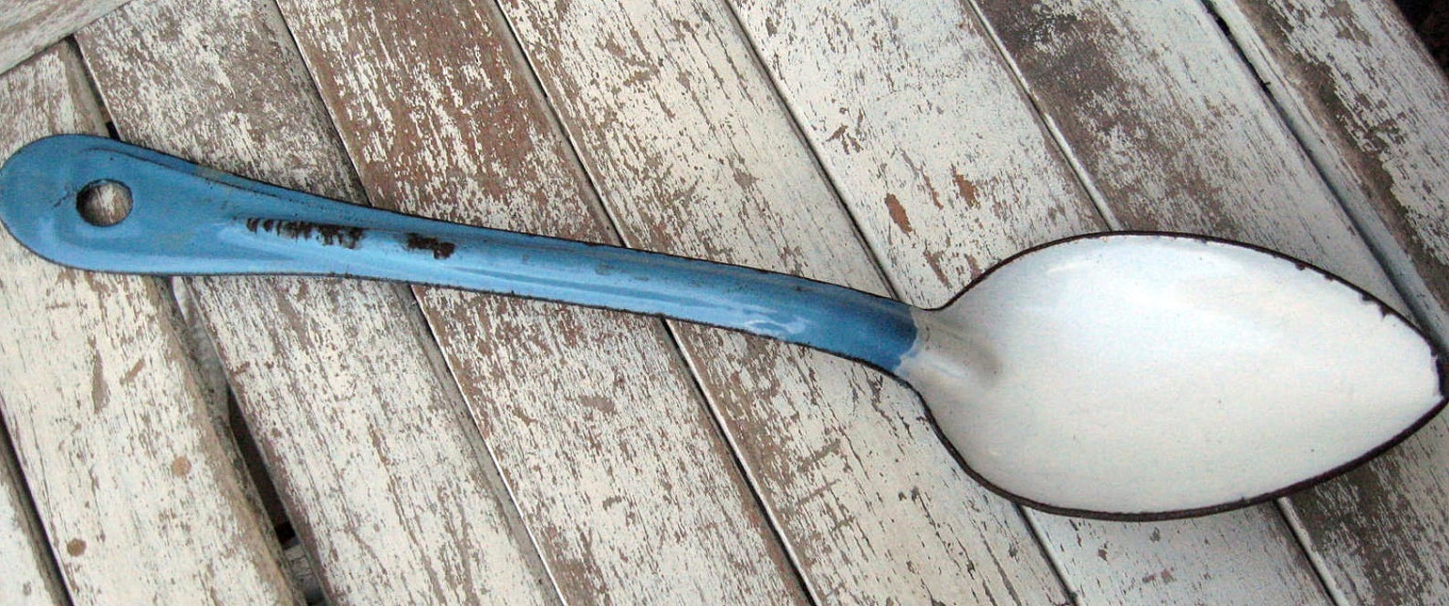 Vintage enamelware spoon blue and white very large serving Etsy