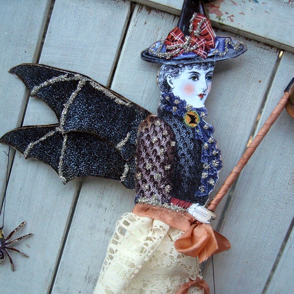 Halloween paper doll, elegant witch mixed media ornament