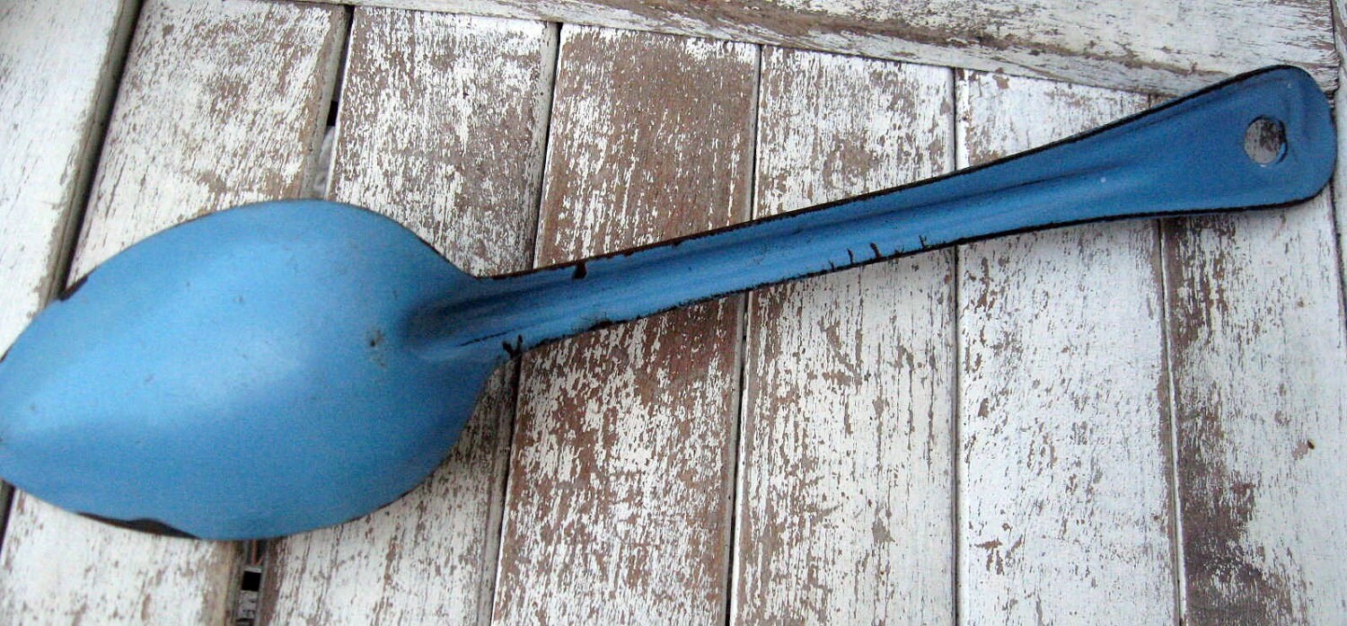 Vintage enamelware spoon blue and white very large serving Etsy