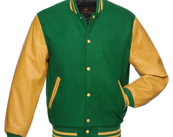 Varsity-jacka Kellygrön kroppsdel och guldfärgade läderärmar Letterman-jacka Anpassade varsity-jackor Lag-varsity-jackor Varsity-jacka herr