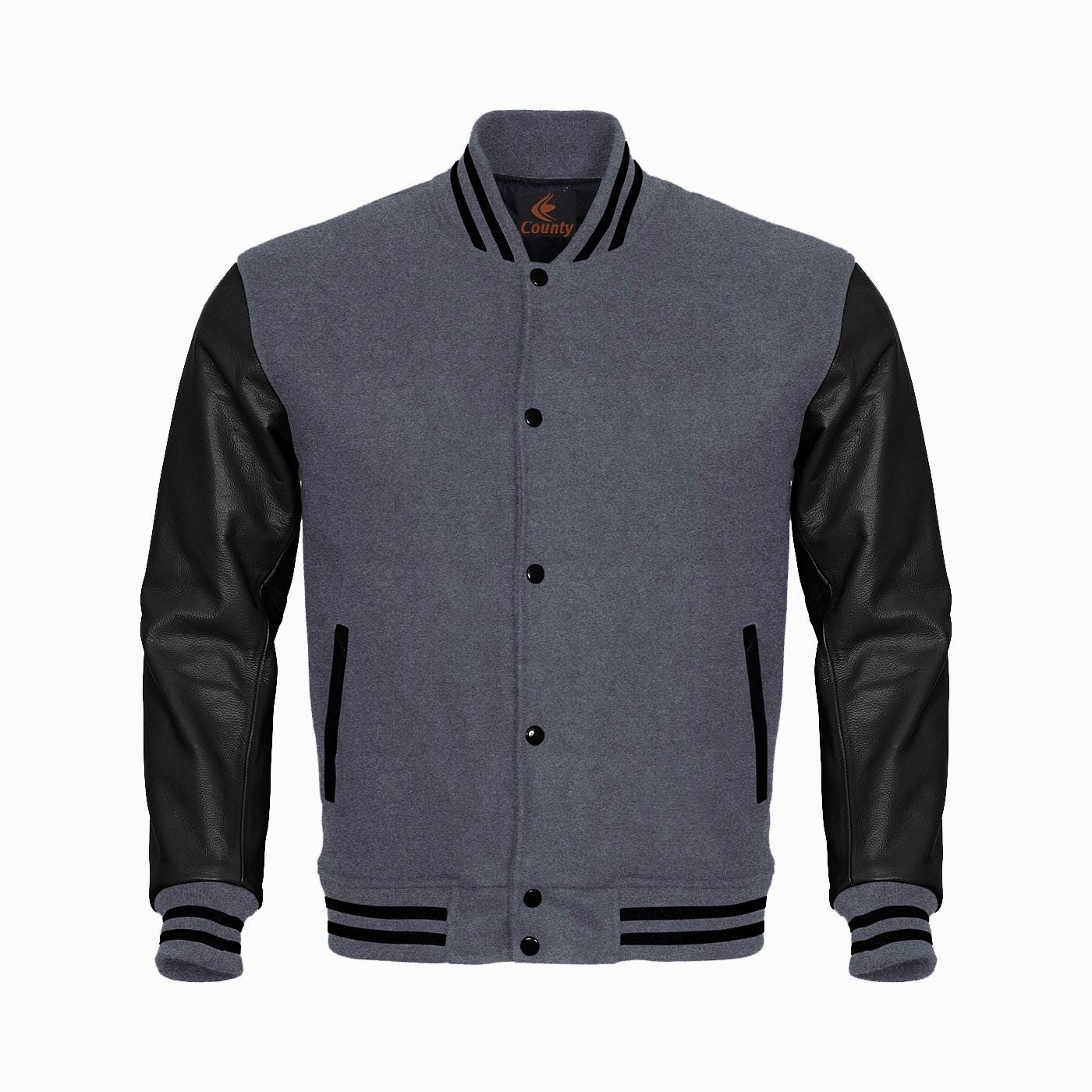 Varsity Jacket Grey Body and Black Leather Sleeves Letterman