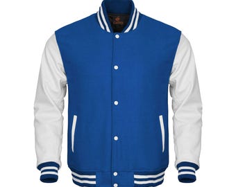 Varsity-jacka Kungsblå kropp och vita läderärmar Letterman-jacka Anpassade varsity-jackor Lag-varsity-jackor Varsity-jacka Herr