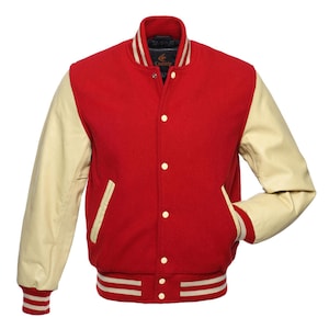 Veste universitaire rouge corps et manches en cuir crème Veste Letterman Vestes universitaires personnalisées Vestes universitaires équipe Veste universitaire homme