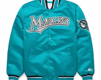Miami Marlins Varsity Jacket Turquoise Satin Jacket Letterman Jacket Custom Varsity Jackets Team Varsity Jackets Varsity Jacket Mens