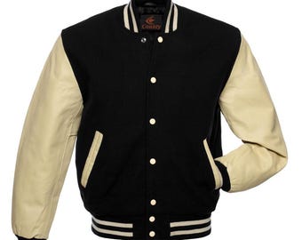 Varsity-jacka svart kropp och krämfärgade läderärmar Letterman-jacka Anpassade varsity-jackor Lag-varsity-jackor Varsity-jacka herr