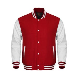 Veste universitaire avec corps rouge et manches en cuir blanches Veste Letterman Vestes universitaires personnalisées Vestes universitaires d'équipe Veste universitaire pour hommes