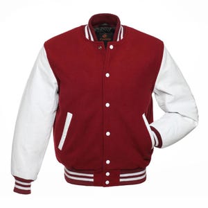 Blouson universitaire bordeaux avec corps et manches en cuir blanc Blouson Letterman Blousons universitaires personnalisés Blousons universitaires Team Blouson universitaire homme