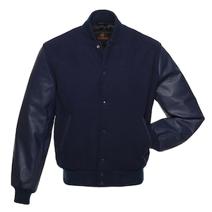 May include: A navy blue varsity jacket with leather sleeves. The jacket has a button closure and a ribbed collar, cuffs, and waistband.