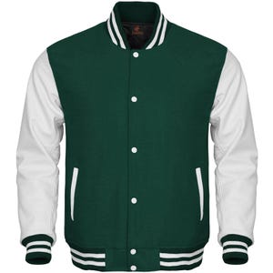 Veste universitaire vert forêt et manches en cuir blanches Veste Letterman Vestes universitaires personnalisées Vestes universitaires Team Veste universitaire homme