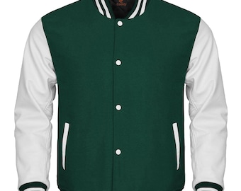Skogsgrön jacka med vita läderärmar, Letterman-jacka, specialdesignade jackor, lagjackor, jackor för män, jacka för män