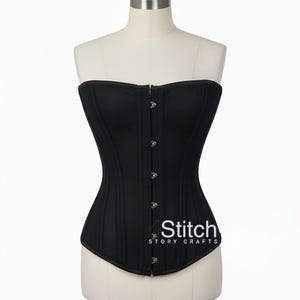 May include: A strapless black corset featuring vertical boning channels and a front closure with silver-toned metal busk hooks. The garment is displayed on a mannequin and includes the text Stitch STORY CRAFTS printed in white.