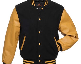 Varsity-jacka svart kropp och guldfärgade läderärmar Letterman-jacka Anpassade varsity-jackor Lag-varsity-jackor Varsity-jacka herr