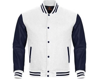 Varsity-jacka med vit kropp och marinblå läderärmar Letterman-jacka Anpassade varsity-jackor Varsity-jacka Herrlag Varsity-jackor