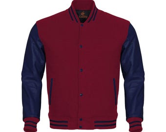 Varsity-jacka Rödbrun kropp och marinblå läderärmar Letterman-jacka Anpassad varsity-jacka Varsity-jacka Herrlag Varsity-jackor