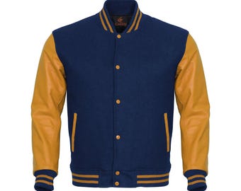 Varsity-jacka Marinblå kropp och guldfärgade läderärmar Letterman-jacka Anpassade varsity-jackor Lag-varsity-jackor Varsity-jacka Herr