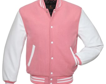 Varsity-jacka Rosa kropp och vita läderärmar Letterman-jacka Anpassade varsity-jackor Lag-varsity-jackor Varsity-jacka Herr