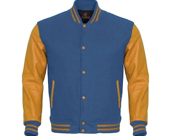 Varsity-jacka med himmelsblå kropp och guldfärgade läderärmar Letterman-jacka Anpassade varsity-jackor Lag-varsity-jackor Varsity-jacka herr