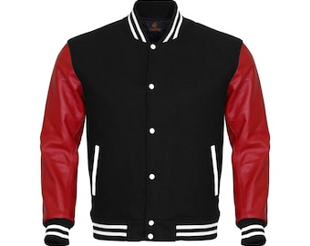 Varsity-jacka svart kropp och röda läderärmar Letterman-jacka Anpassade varsity-jackor Lag-varsity-jackor Varsity-jacka herr