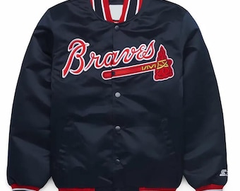 Atlanta Braves Varsity Jacket Navy Blue Satin Jacket Letterman Jacket Varsity Jacket Mens Custom Varsity Jackets Team Varsity Jackets