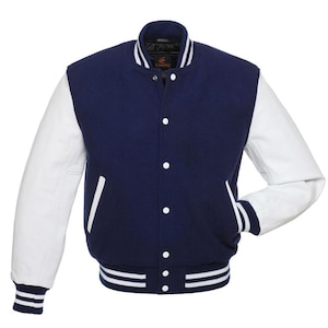 Varsity Jacket Navy Blue Body and White Leather Sleeves Letterman Jacket Custom Varsity Jackets Team Varsity Jackets Varsity Jacket Mens