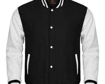 Varsity-jacka svart kropp och vita läderärmar Letterman-jacka Anpassade varsity-jackor Lag-varsity-jackor Varsity-jacka herr