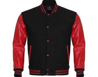 Varsityjacka svart kropp och röda läderärmar Letterman-jacka Anpassad varsityjacka Varsityjacka herrlag Varsityjackor