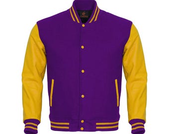 Varsity-jacka Lila kropp och gula läderärmar Letterman-jacka Anpassade varsity-jackor Lag-varsity-jackor Varsity-jacka Herr