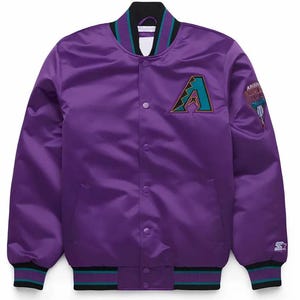 May include: Purple satin baseball jacket with the Arizona Diamondbacks logo on the chest and sleeve. The jacket has a black collar, cuffs, and hem with teal and black stripes. The Starter logo is visible on the sleeve.